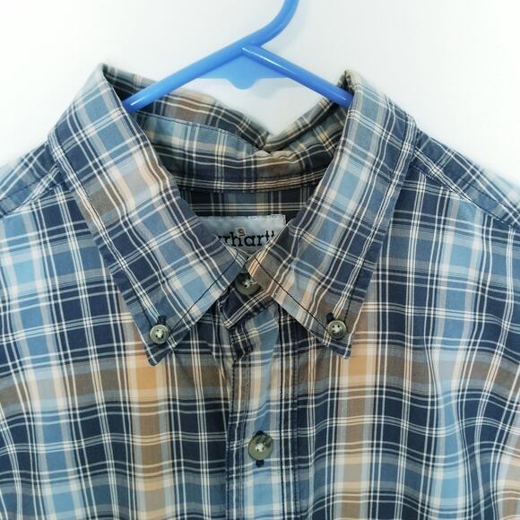 Carhartt Men's Blue Orange Plaid Long Sleeve Button Up Button Down Collar SZ LT - Picture 2 of 7